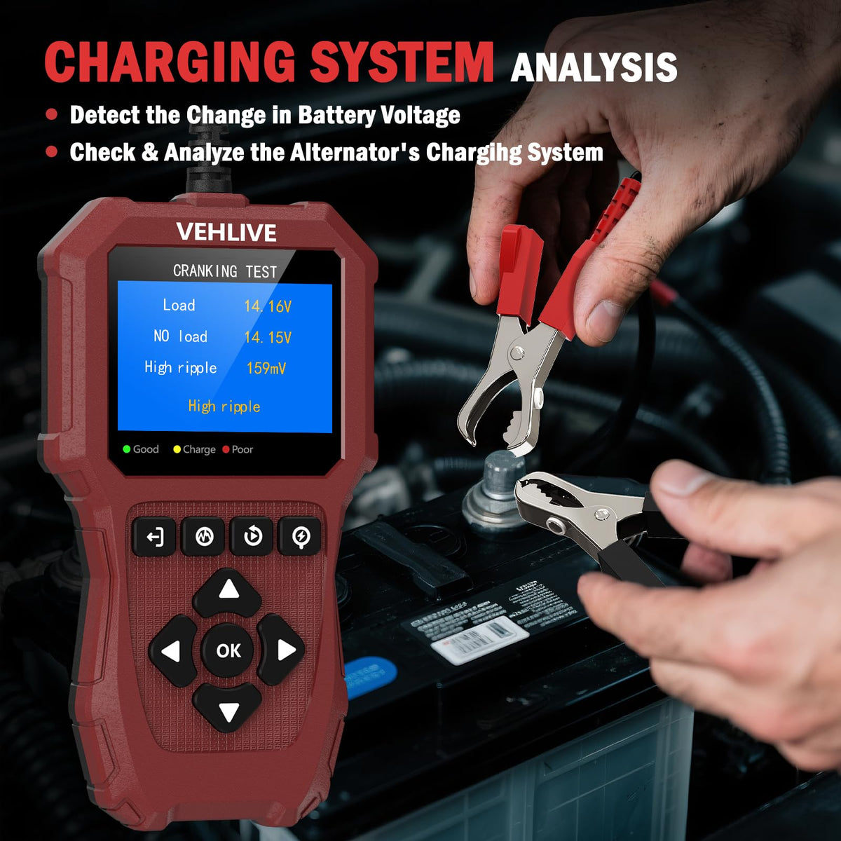VEHLIVE BT911 attached to a car battery demonstrating simple plug-and-play testing