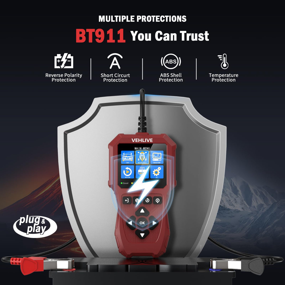 VEHLIVE BT911 displaying motorcycle 6V mode for targeted small-battery analysis