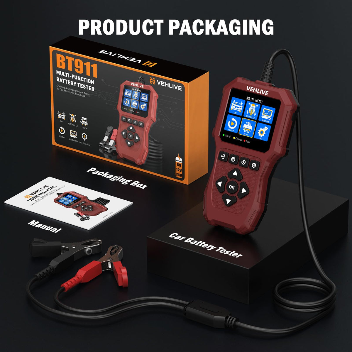 VEHLIVE BT911 held in hand to show handheld size and field-ready portability