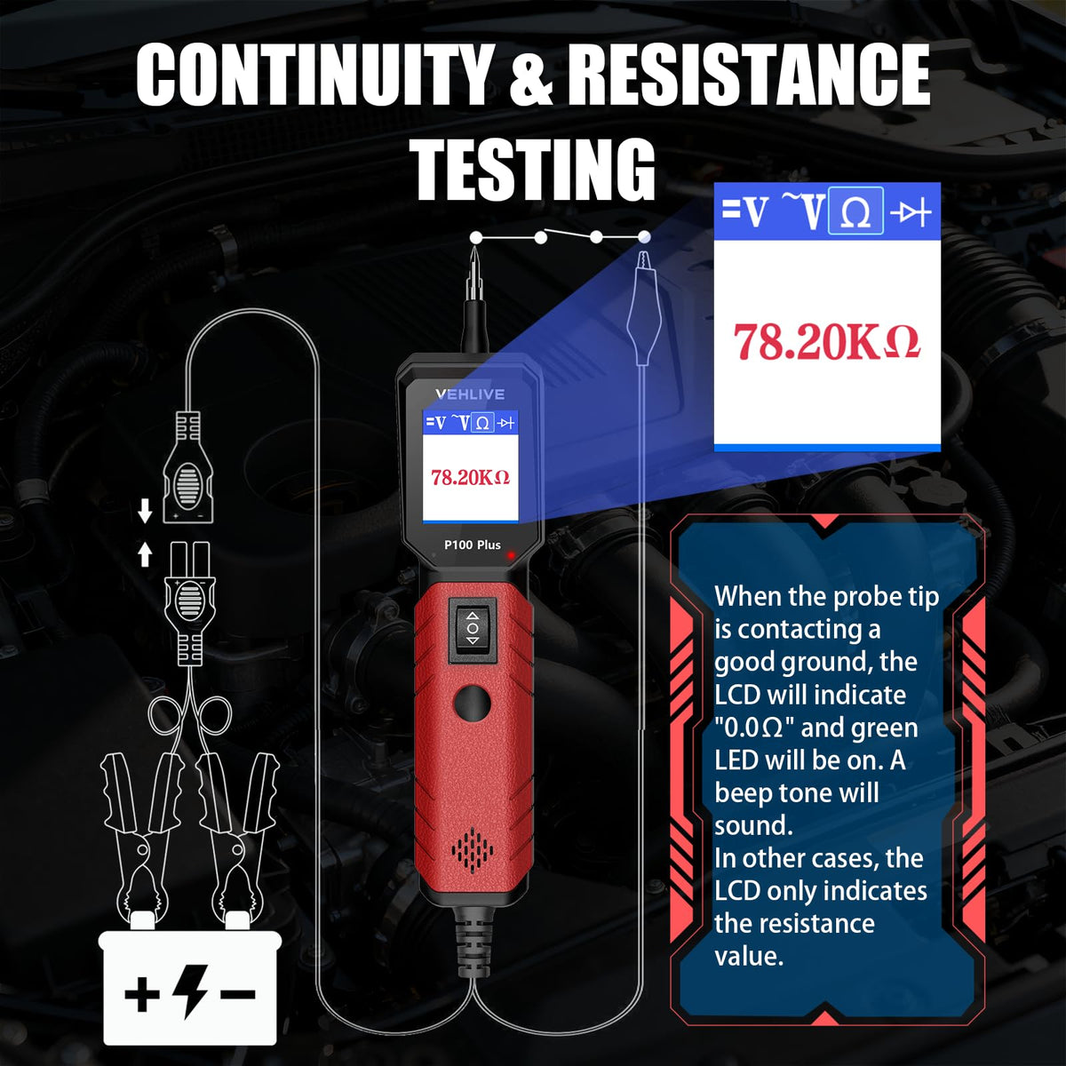 VEHLIVE P100 Plus in use testing a car headlight to quickly verify power