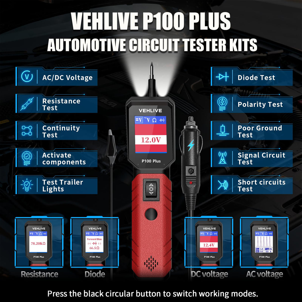 VEHLIVE P100 Plus metal probe detail showing durable corrosion-resistant tip