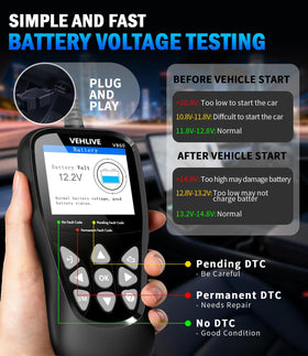 VEHLIVE V850 battery test readout showing voltage result to evaluate battery health