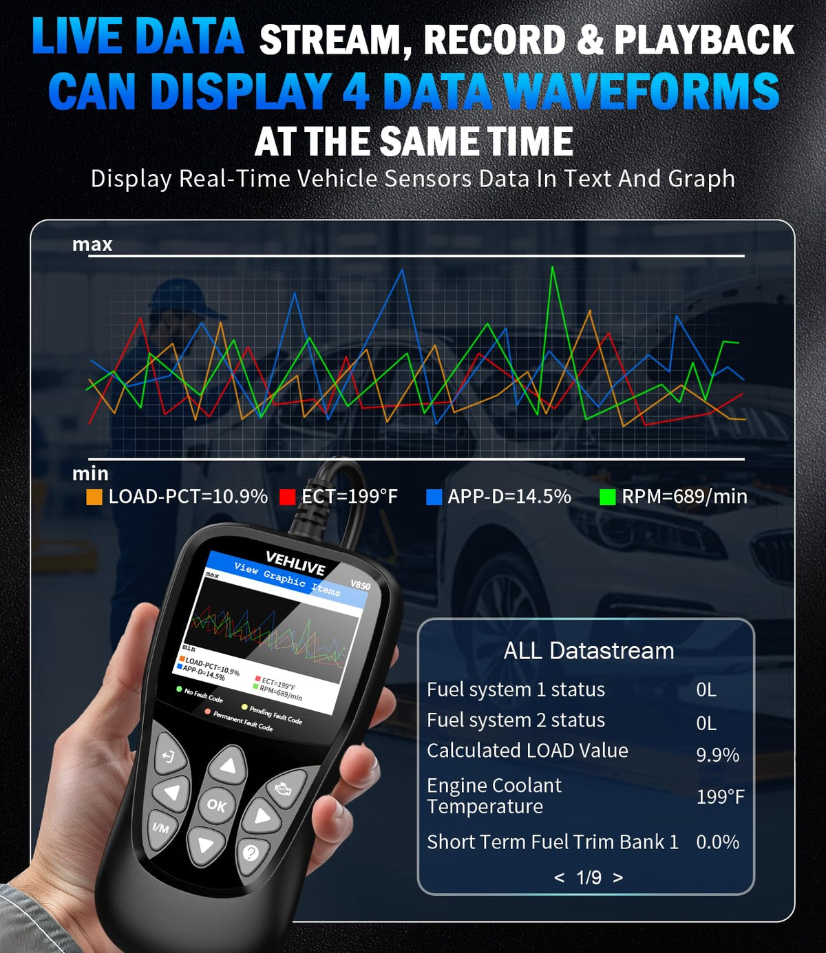 VEHLIVE V850 button close-up for easy one-handed operation and quick menu access