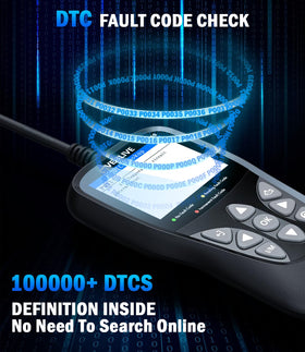 VEHLIVE V850 displaying DTC lookup info from the extensive built-in database