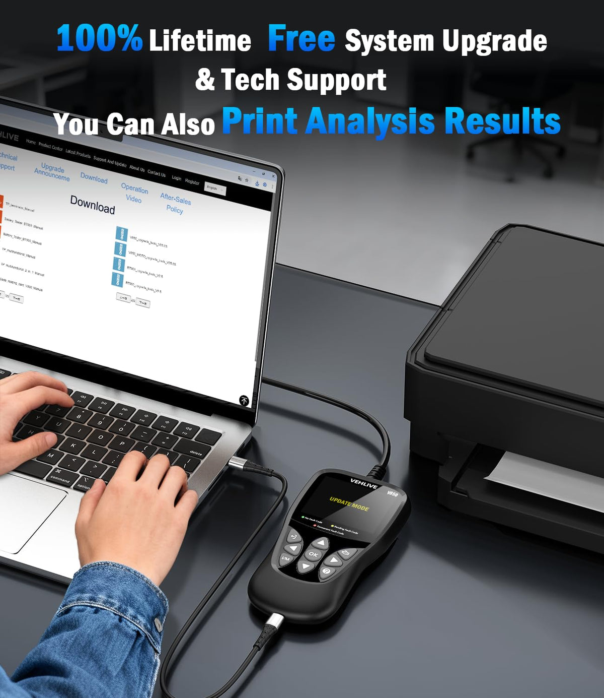 VEHLIVE V850 retail packaging and manual showing included documentation and updates