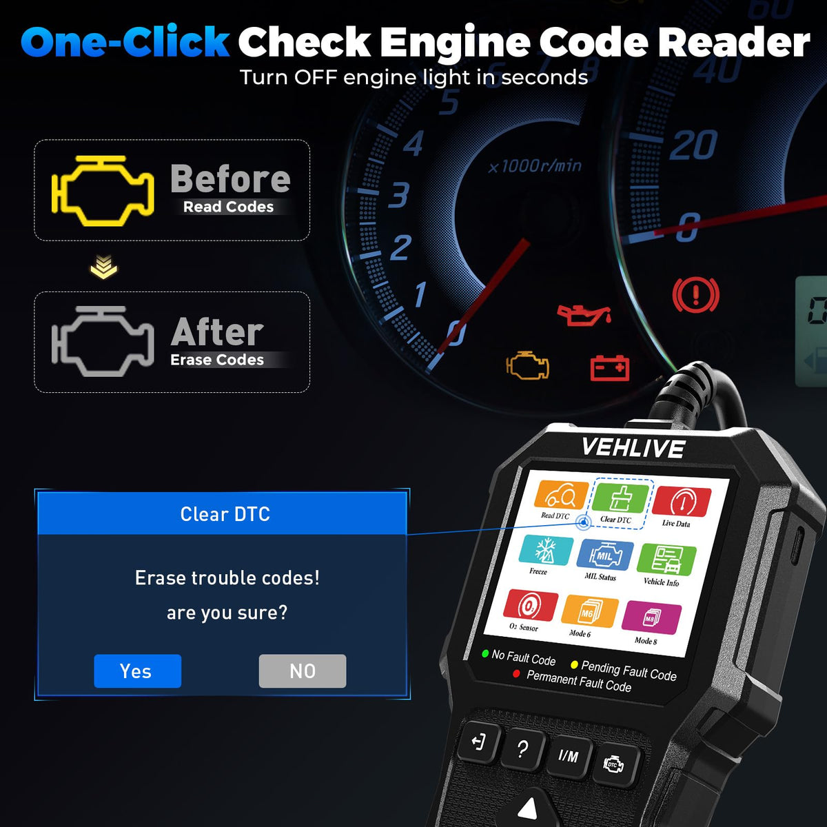 VEHLIVE V880 2.8 inch color screen closeup showing clear live readings and menus