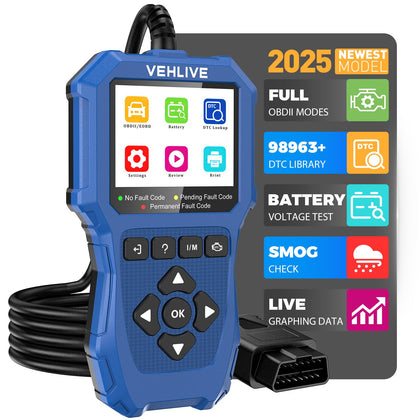 VEHLIVE V880 front view showing device and connector, clear diagnostics display benefit