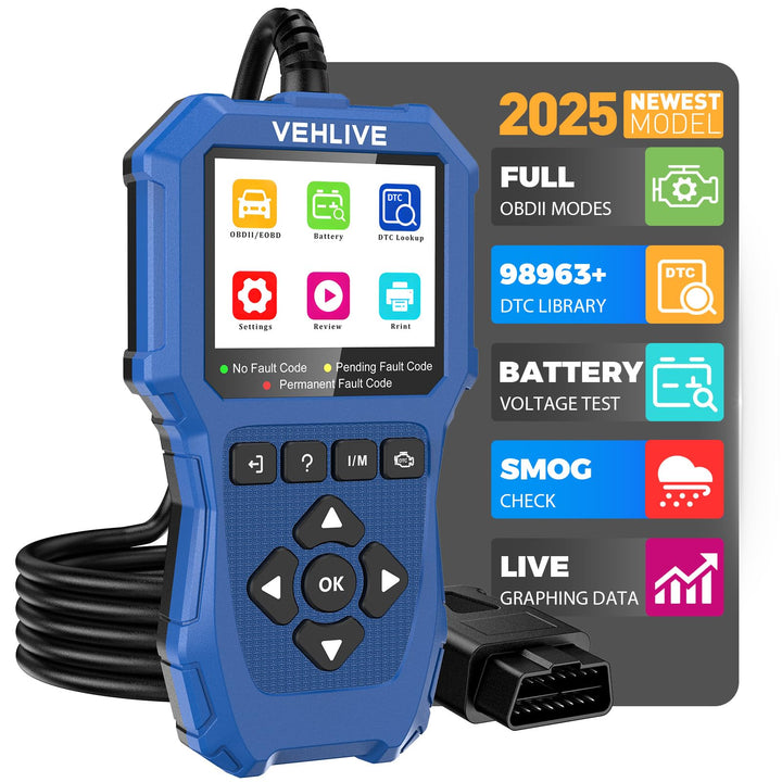 VEHLIVE V880 front view showing device and connector, clear diagnostics display benefit