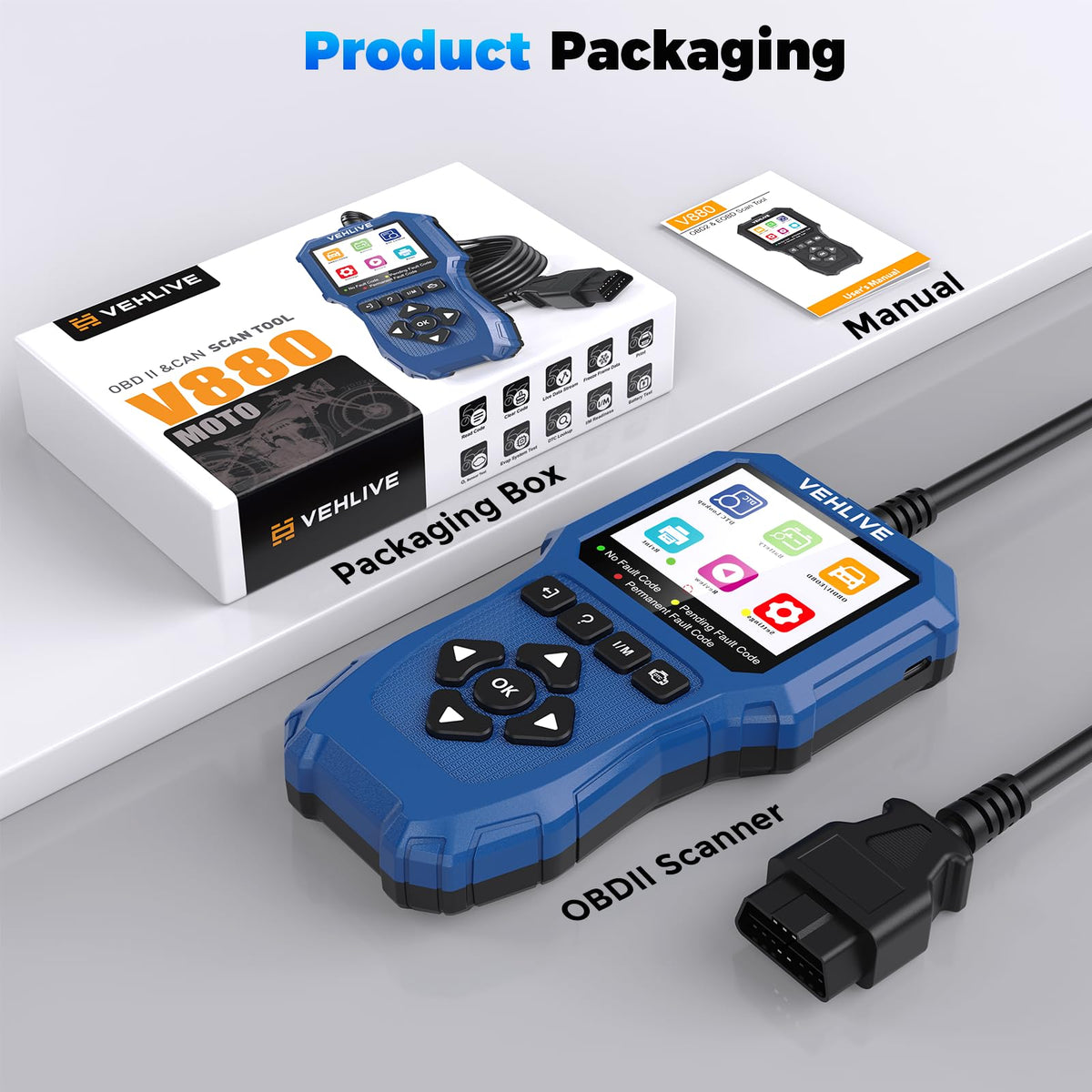 VEHLIVE V880 packaging with accessories laid out for complete kit benefit