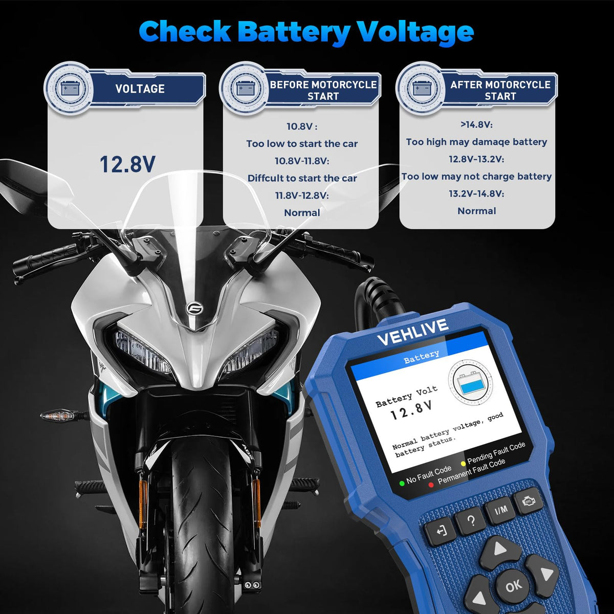 VEHLIVE V880 voltage test screen showing battery reading for early issue detection benefit