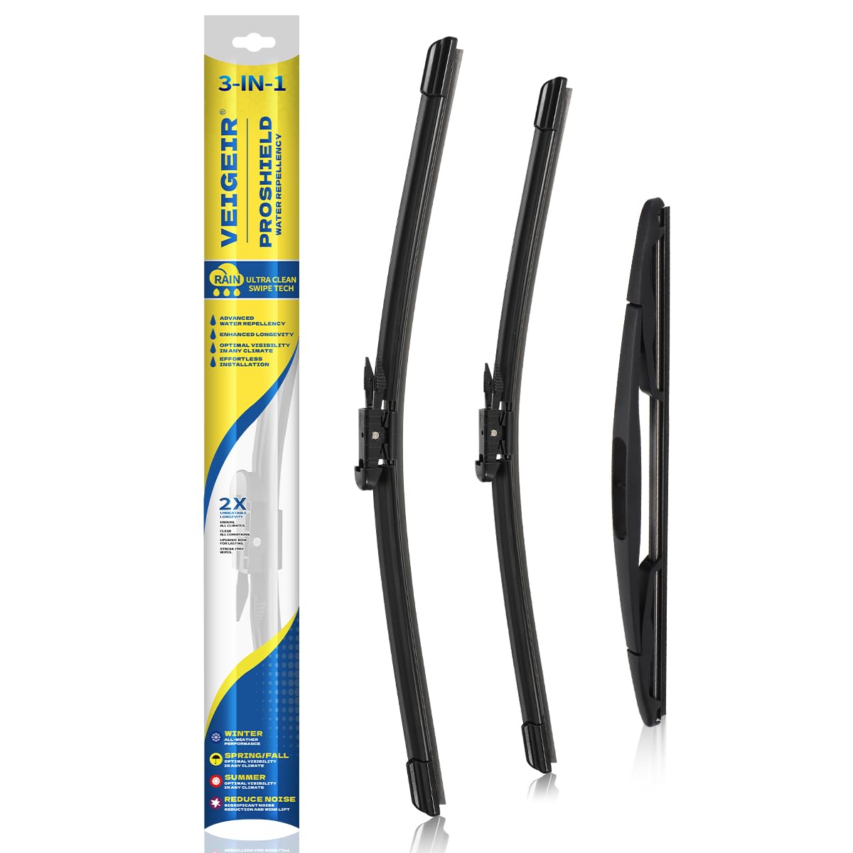 VEIGEIR front packaging showing three wipers, clear product identification and benefit