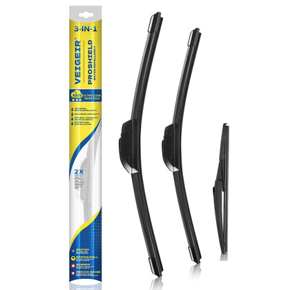 VEIGEIR front packaging showing three wiper blades and benefits