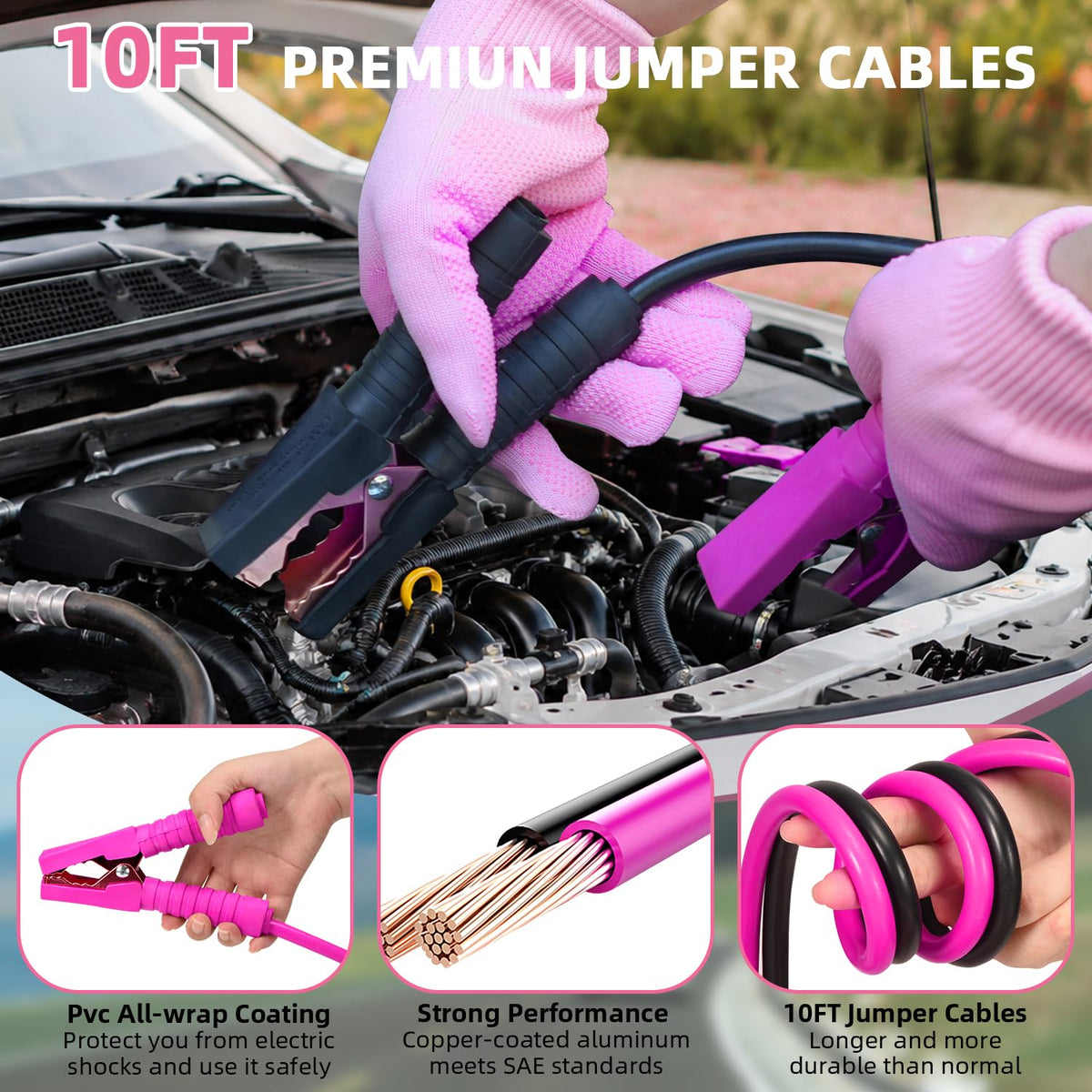 VEIYIE close-up pink jumper cables with PVC coating for cold-weather reliability