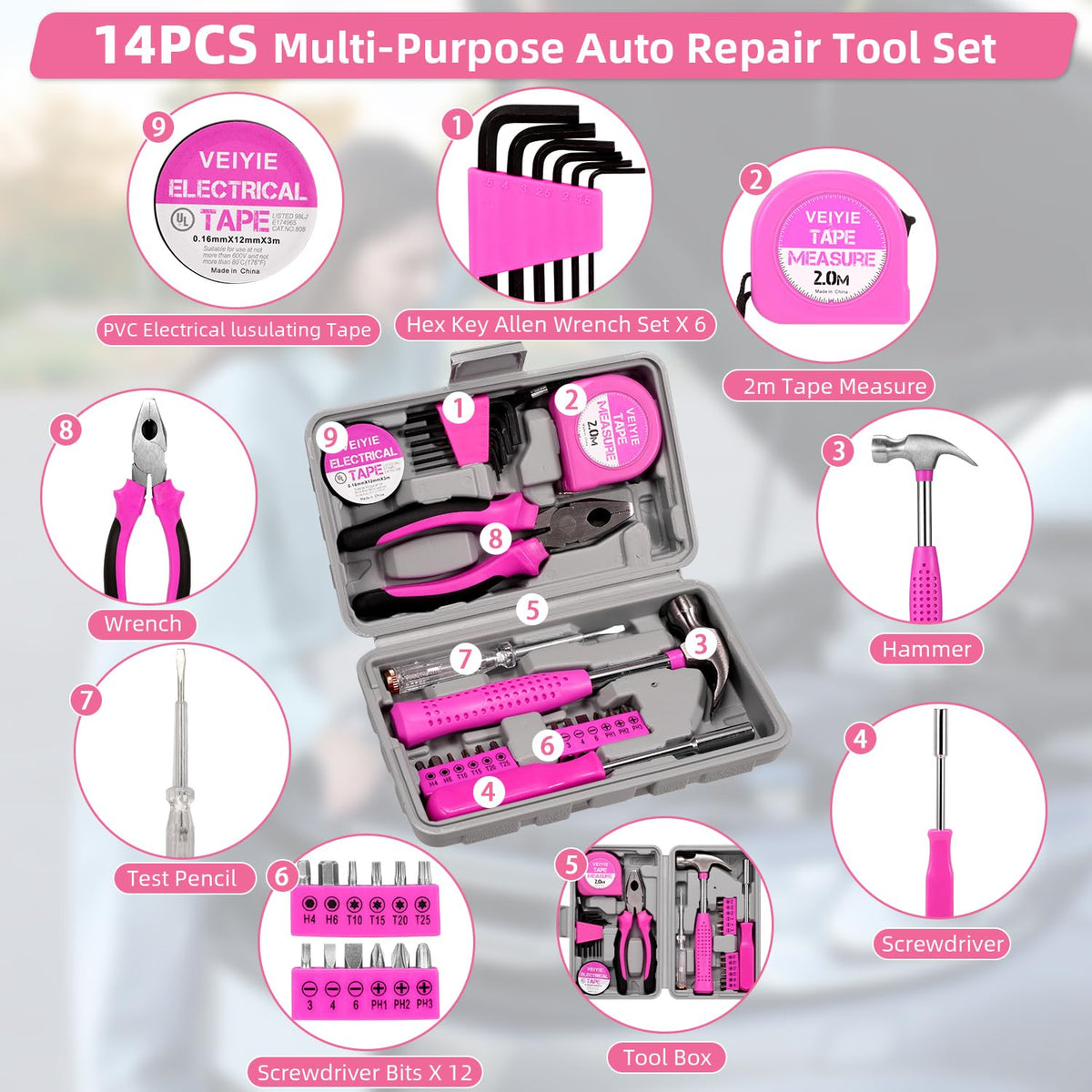 VEIYIE organized tool section in case with labeled slots for fast roadside repairs
