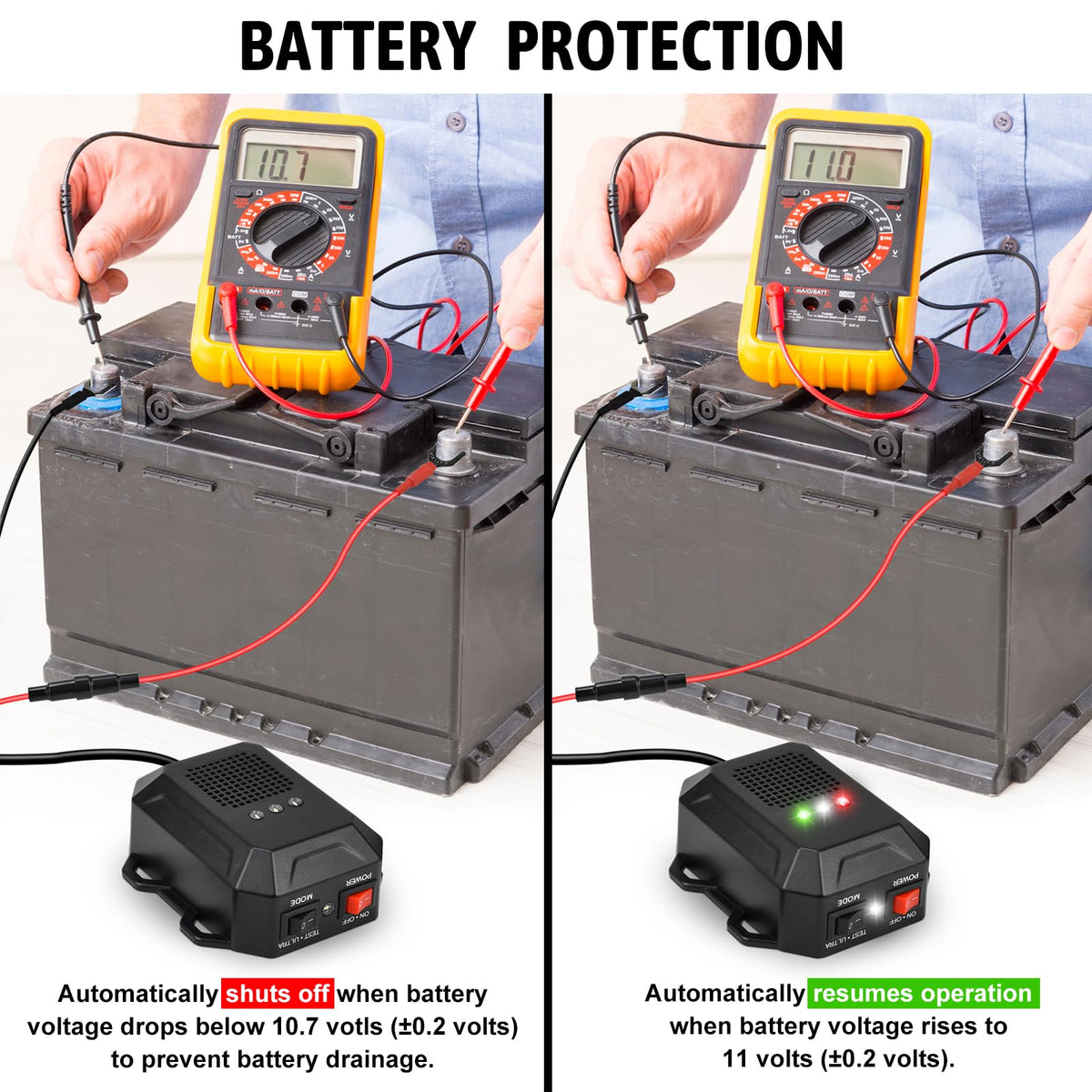 Vekibee next to car battery showing compact size and space-saving benefit