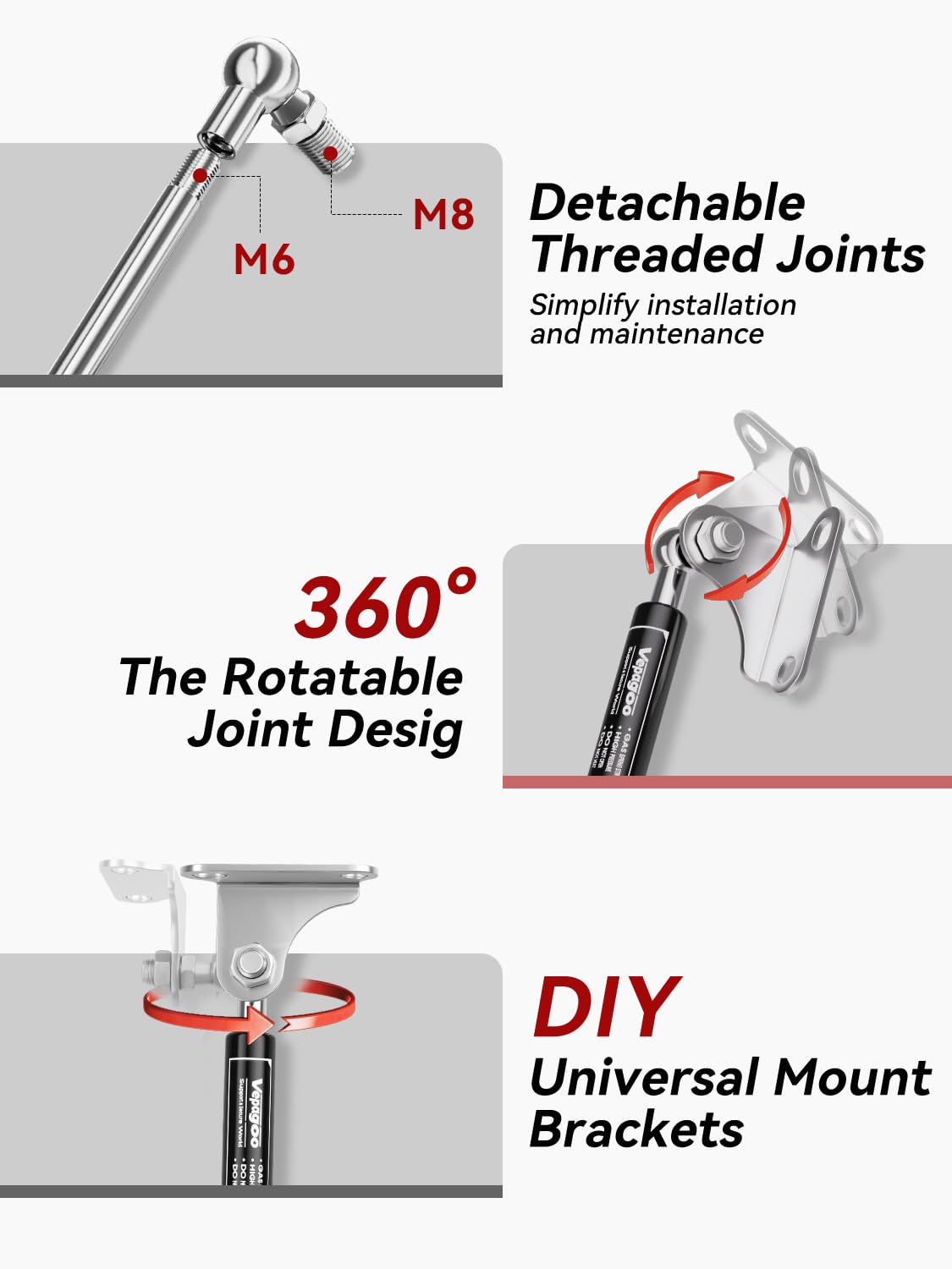 Vepagoo extended strut beside ruler showing full 20in stroke for correct reach