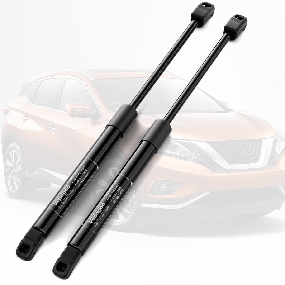 Vepagoo front hood strut packaging showing product and benefit of direct-fit replacement