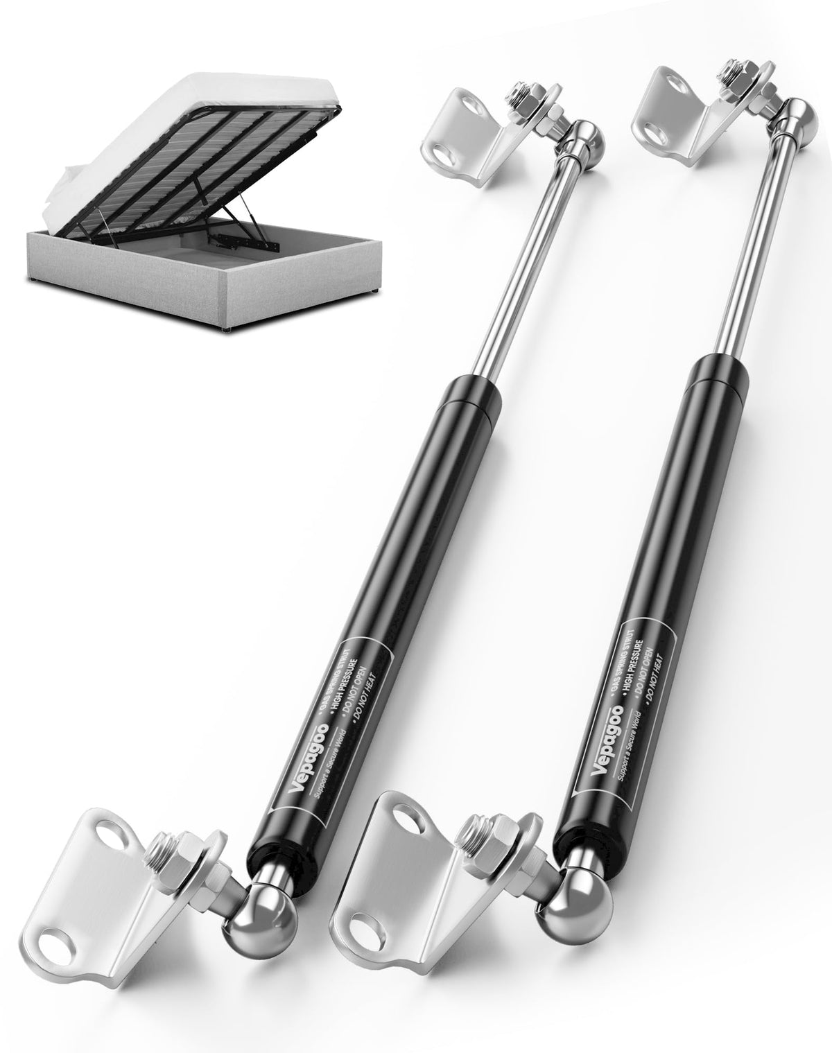 Vepagoo front view of two 20in gas struts showing kit contents for easy replacement