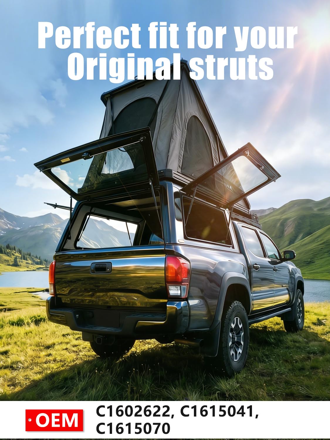 Vepagoo installed on camper shell rear window demonstrating reliable lift support