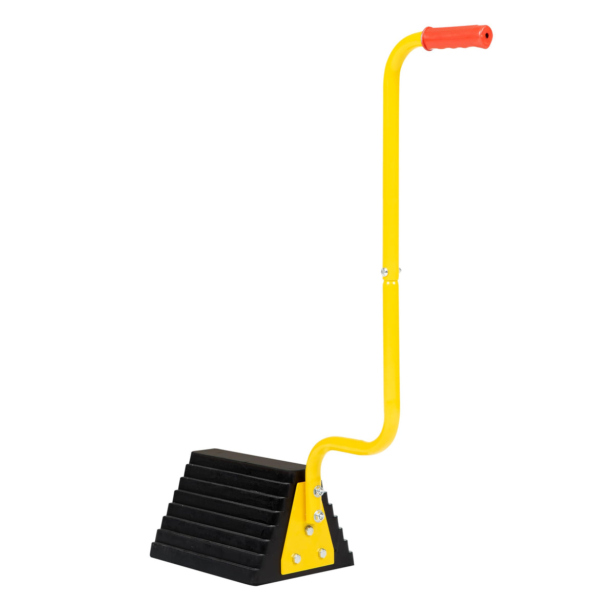 Vergo front view of XL wheel chock showing size and bright handle for safer placement