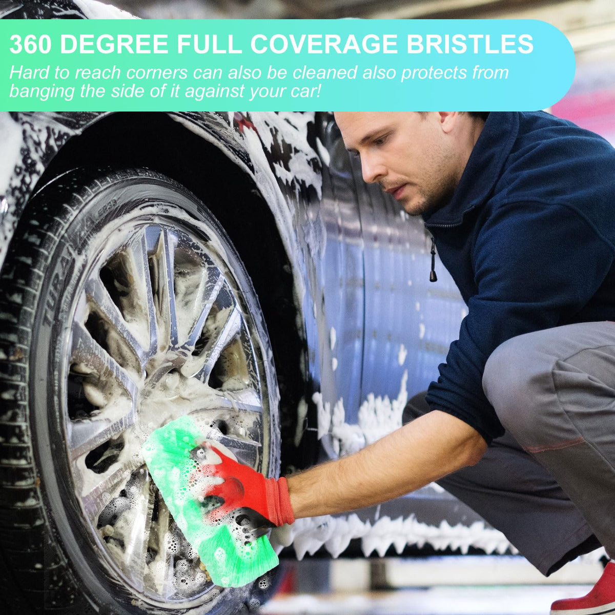Vesici brush heads in use washing an SUV illustrating efficient coverage