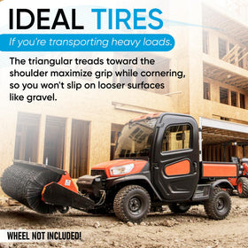 Veteran Tire 350 Mag on RTV in field showing work-ready stability and comfort
