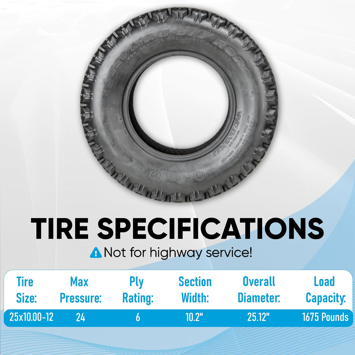 Veteran Tire 350 Mag next to ruler showing 25.12" diameter for sizing clarity