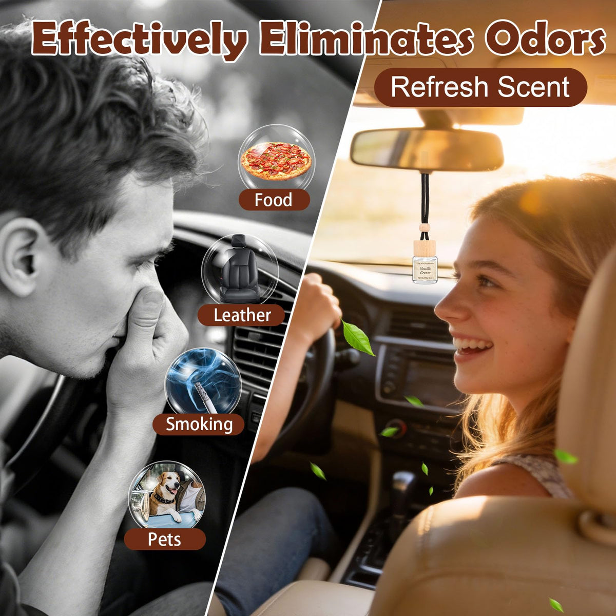 Vetuslumen hanging on rearview mirror displaying controlled scent release