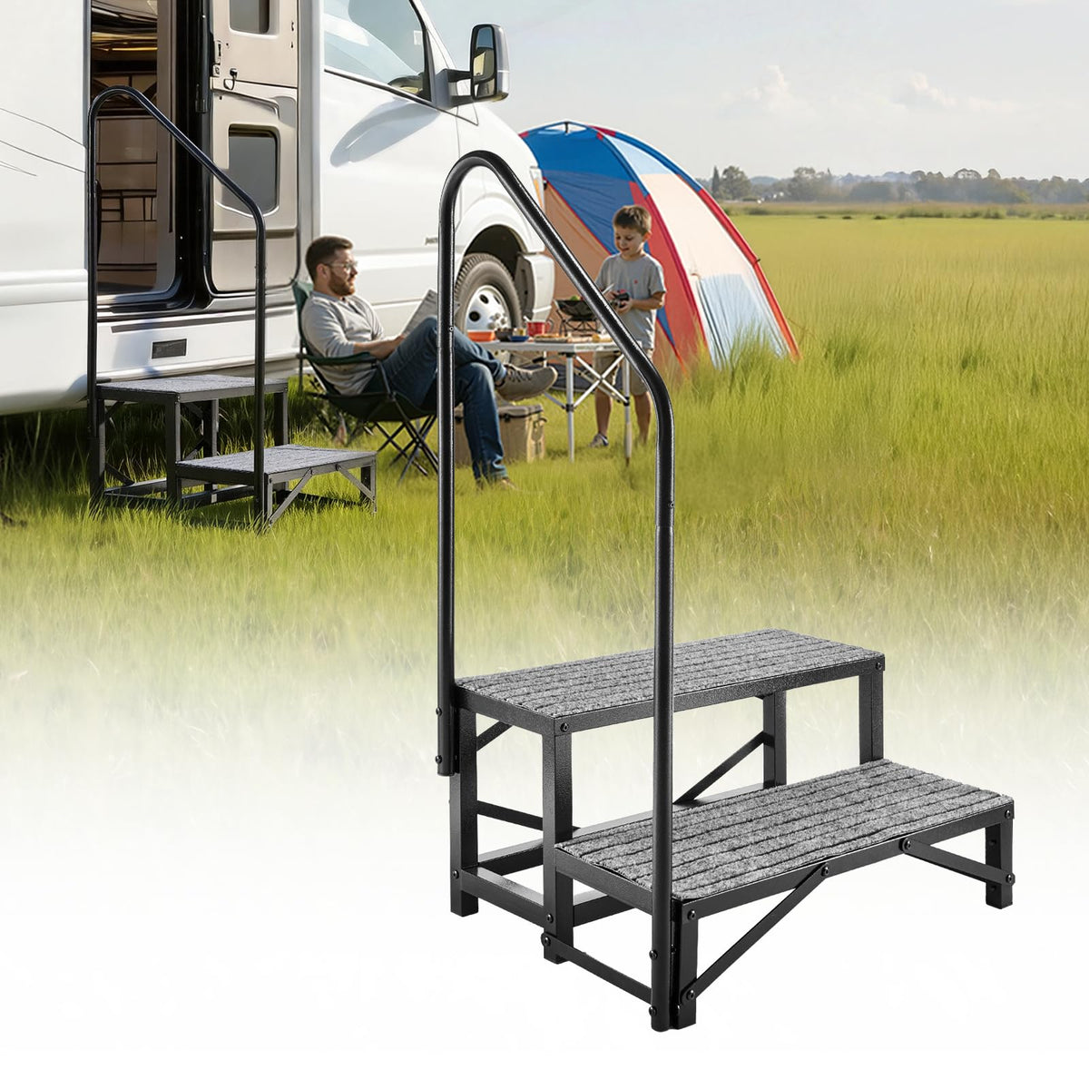 VEVOR front view of 2-step RV stairs showing sturdy frame and wide treads for safe access