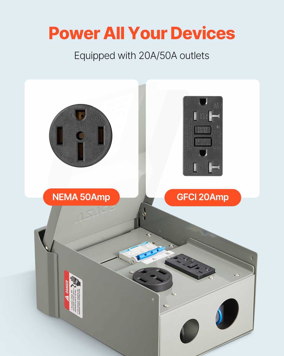 VEVOR close-up of 20A GFCI outlet demonstrating safety and protected power