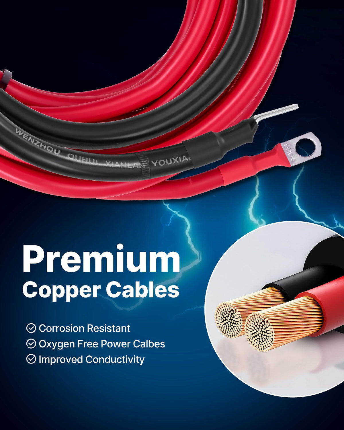 VEVOR short 2AWG black ground cable detail for reliable negative grounding