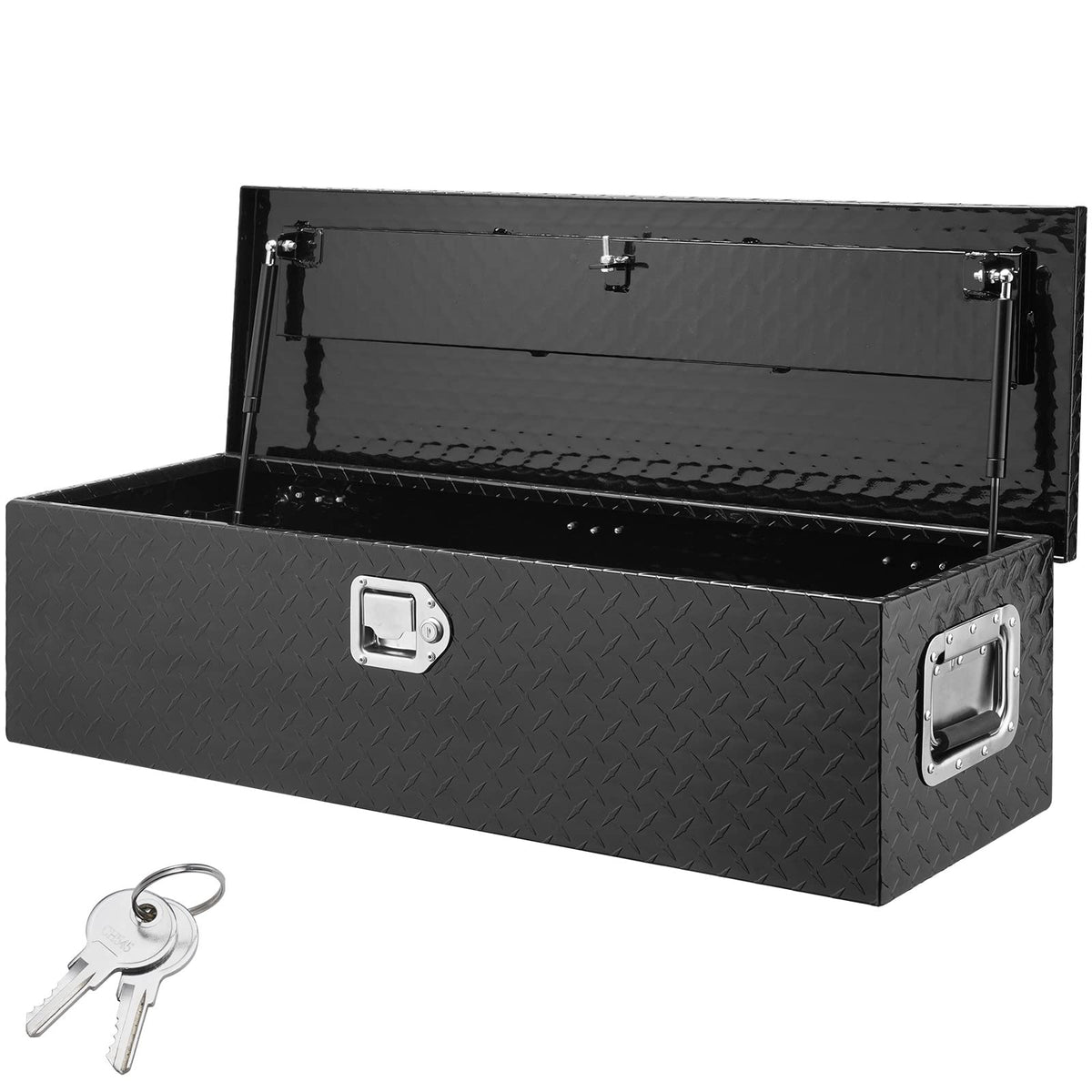 VEVOR 39-inch front view showing durable diamond plate and compact profile for secure storage