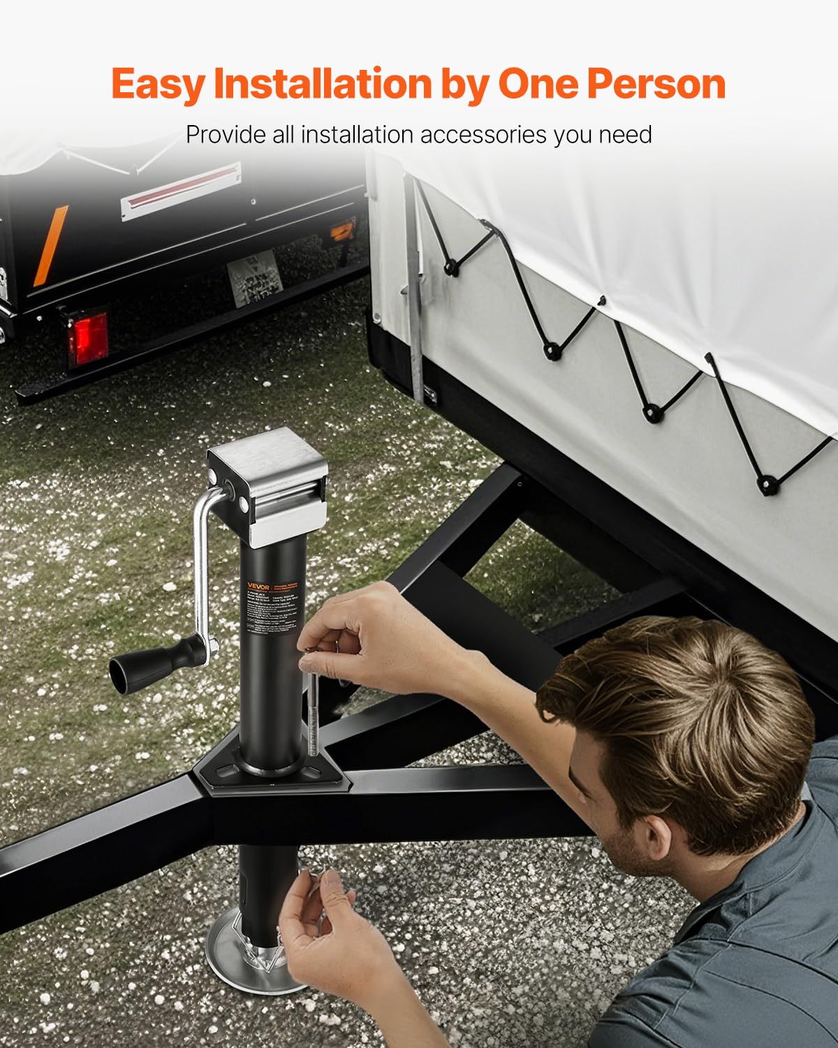 VEVOR adjustable drop leg showing three height settings for leveling trailers