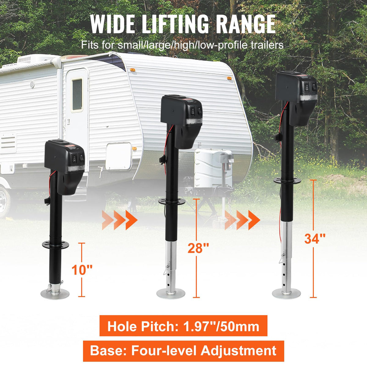 VEVOR adjustable shaft scale shot illustrating 9.84" to 33.85" range for versatile fit