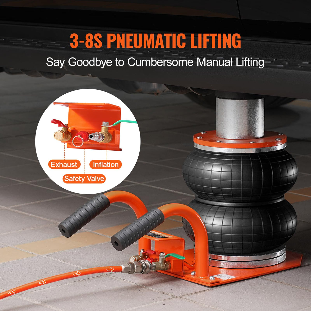 VEVOR inflated jack side profile demonstrating lifting height advantage