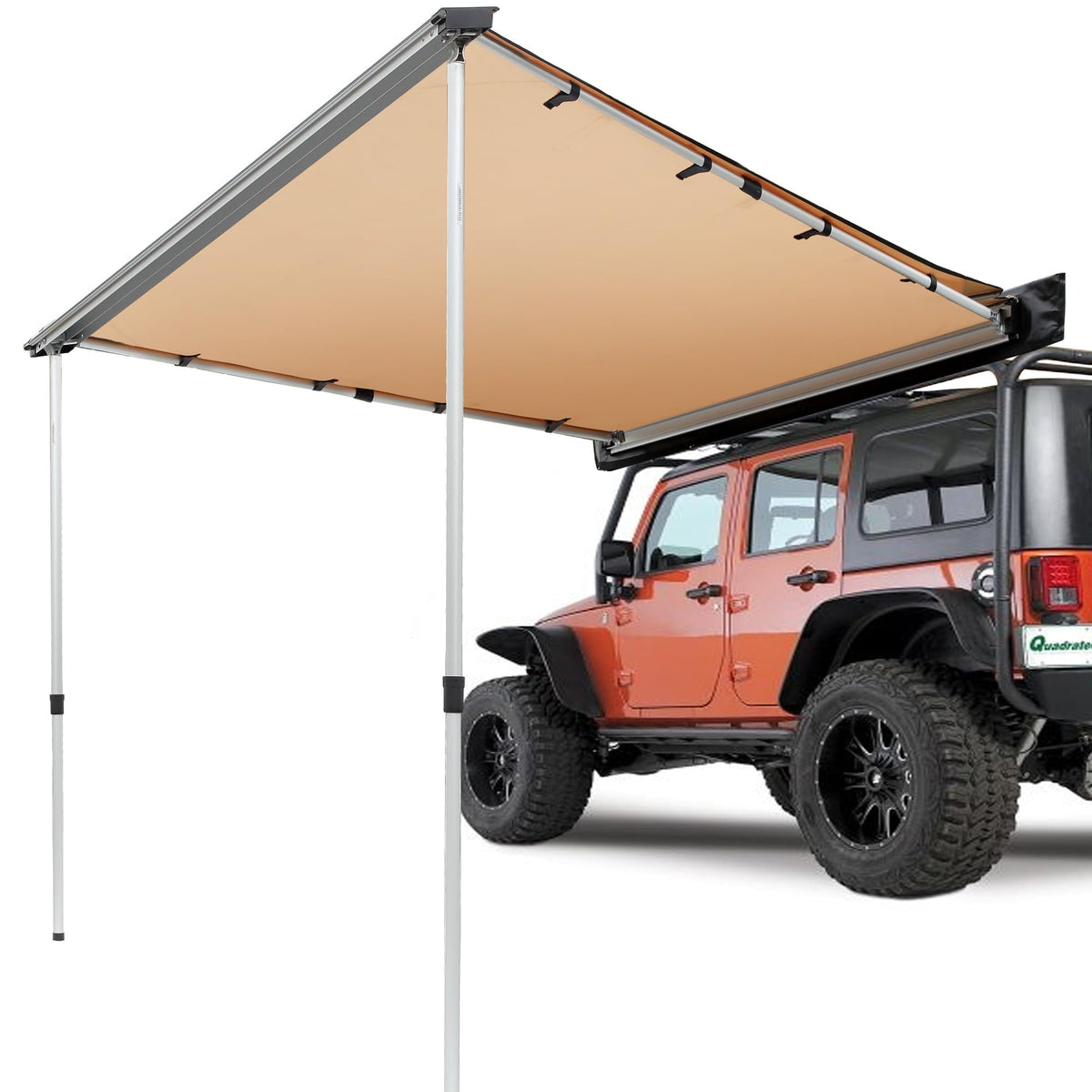 VEVOR awning front view mounted on SUV showing generous shade