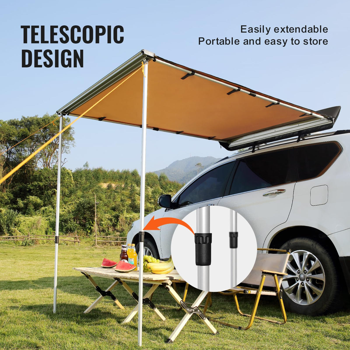 VEVOR awning side profile on SUV demonstrating coverage and fit