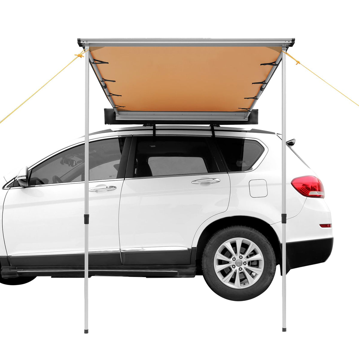 VEVOR awning anchored with stakes and ropes indicating wind security