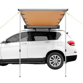 VEVOR awning anchored with stakes and ropes indicating wind security