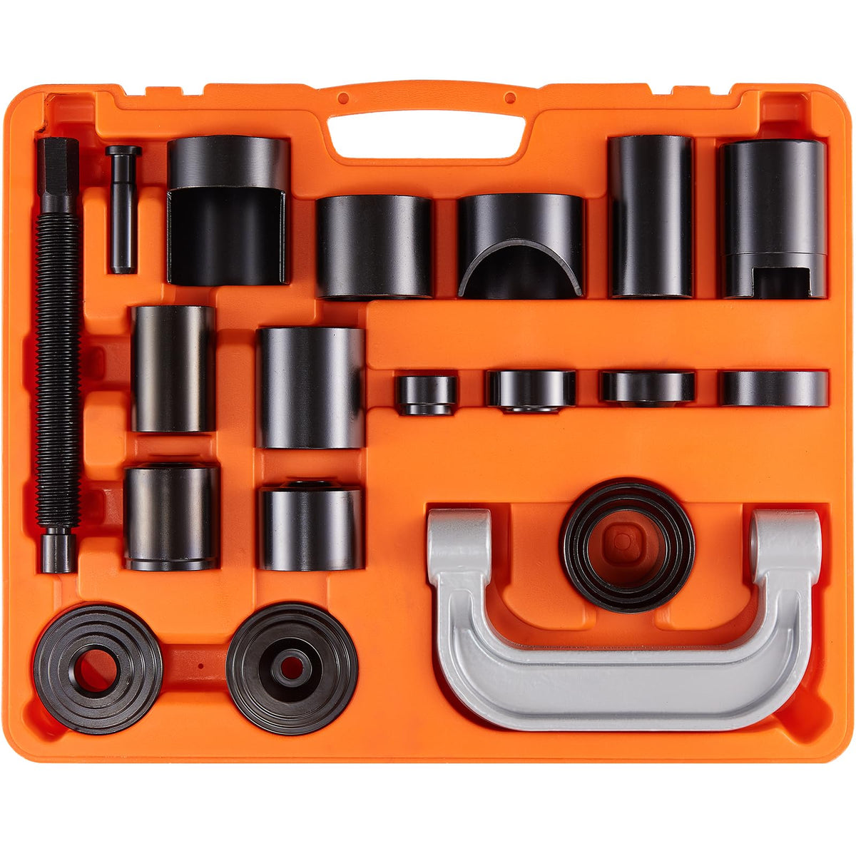 VEVOR front view of full 21-piece ball joint press kit showing organized tools and benefits