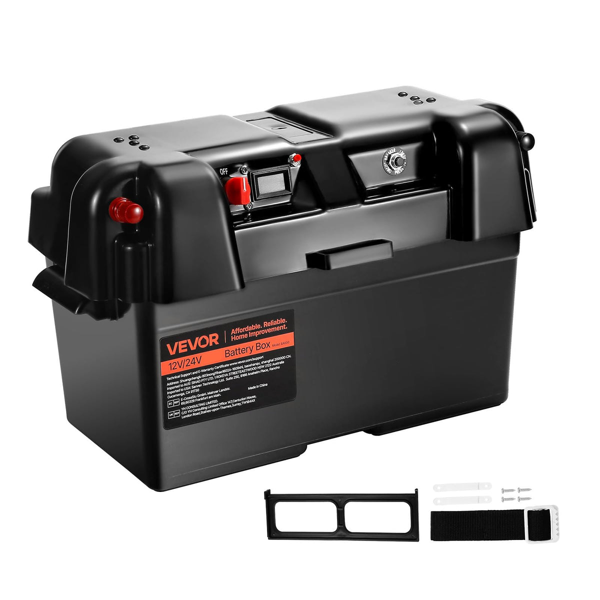 VEVOR battery box front view showing weatherproof case and secure lid for protection