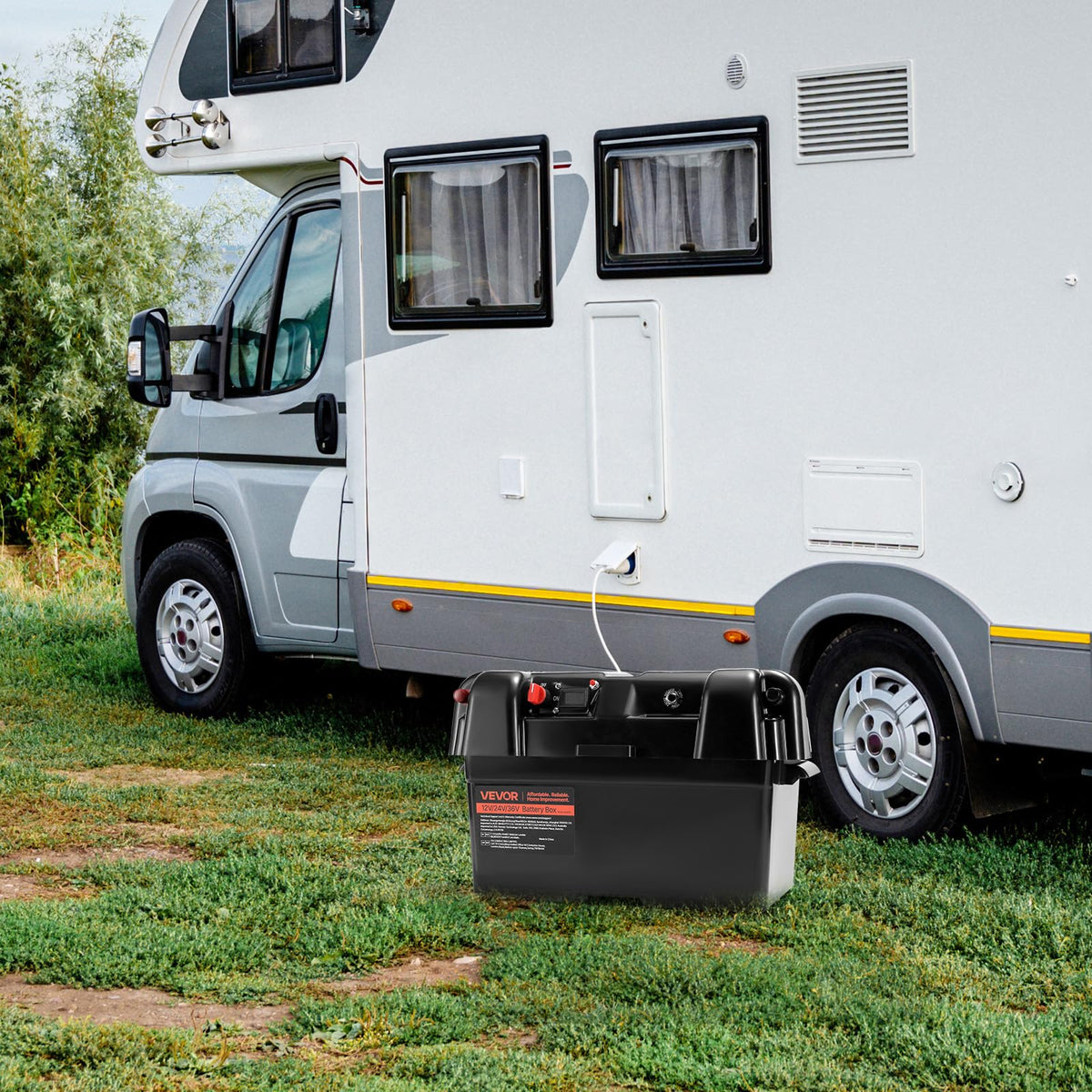 VEVOR battery box scale comparison with RV seat illustrating compact portable size