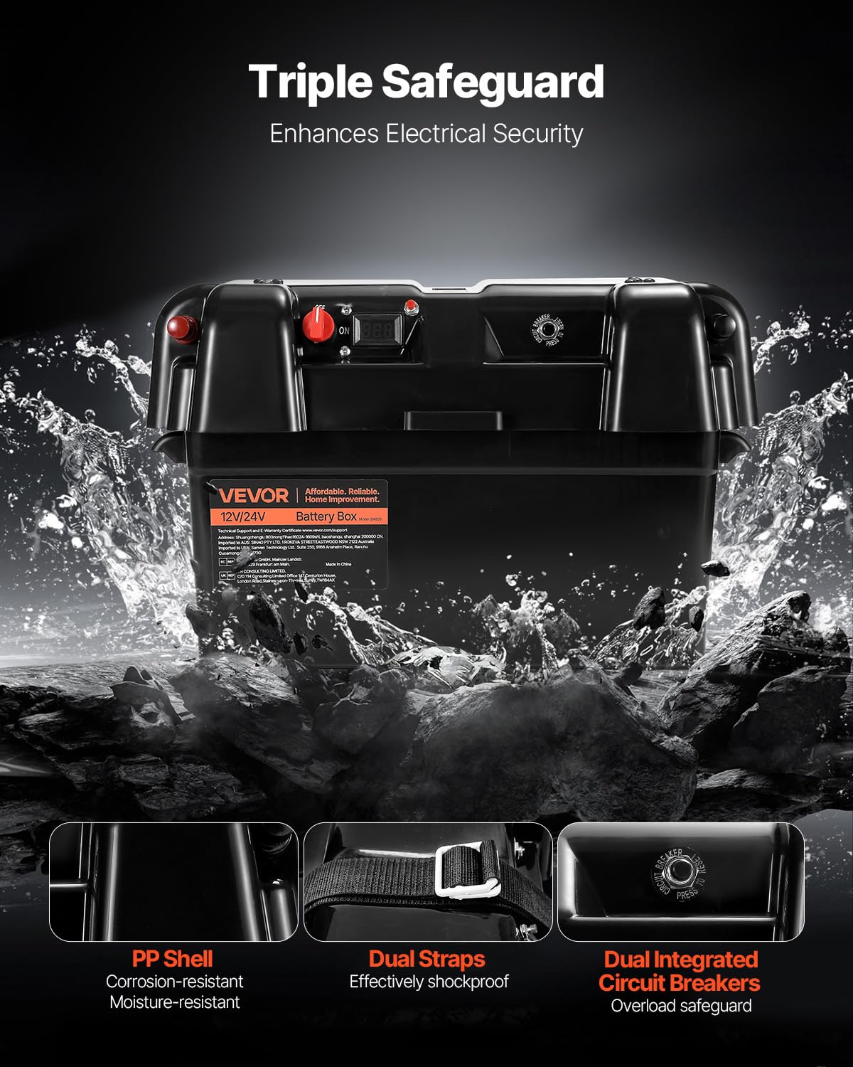 VEVOR battery box terminal panel detail with terminals and breaker for safe wiring