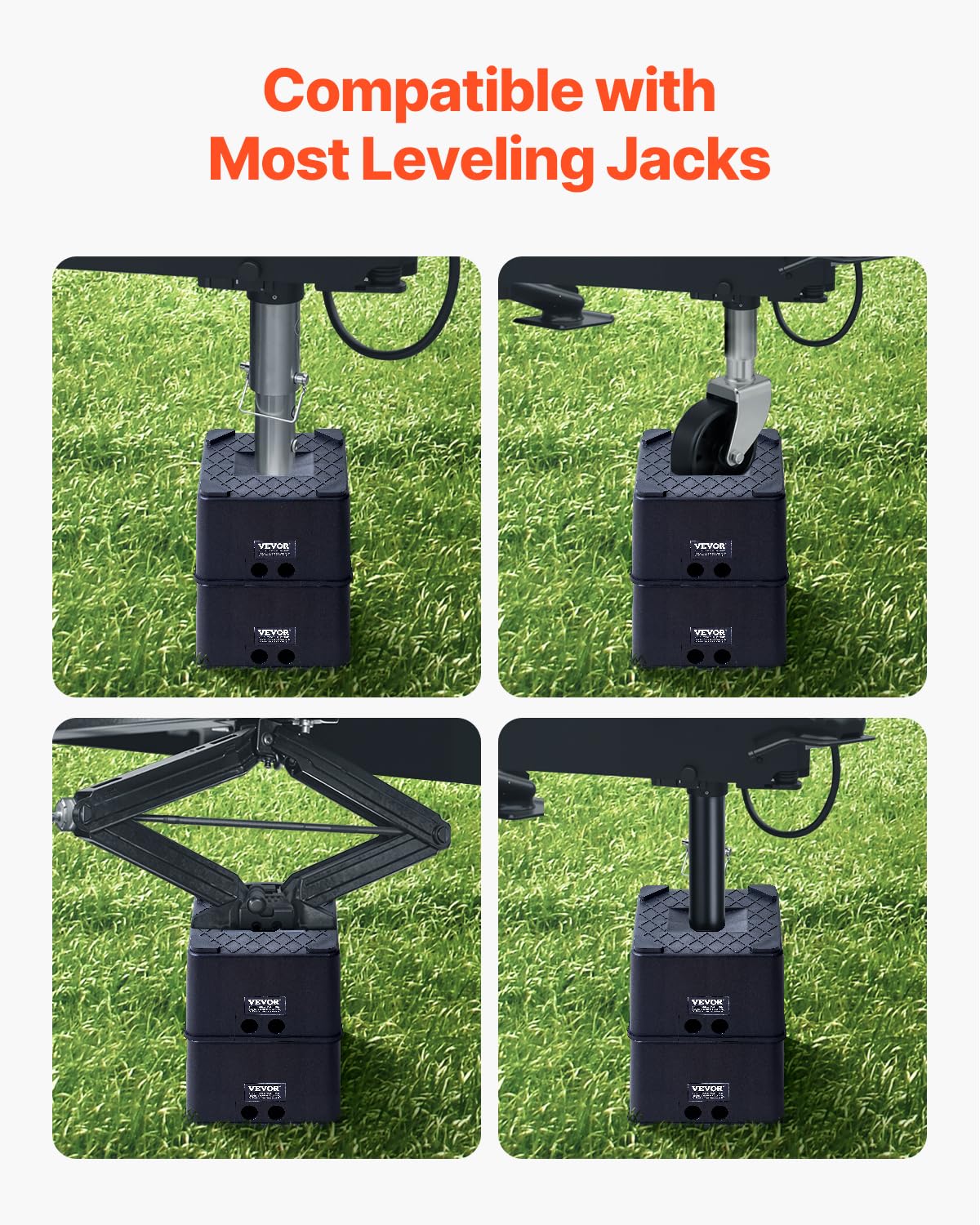 VEVOR block under jack leg demonstrating larger footprint and sink prevention