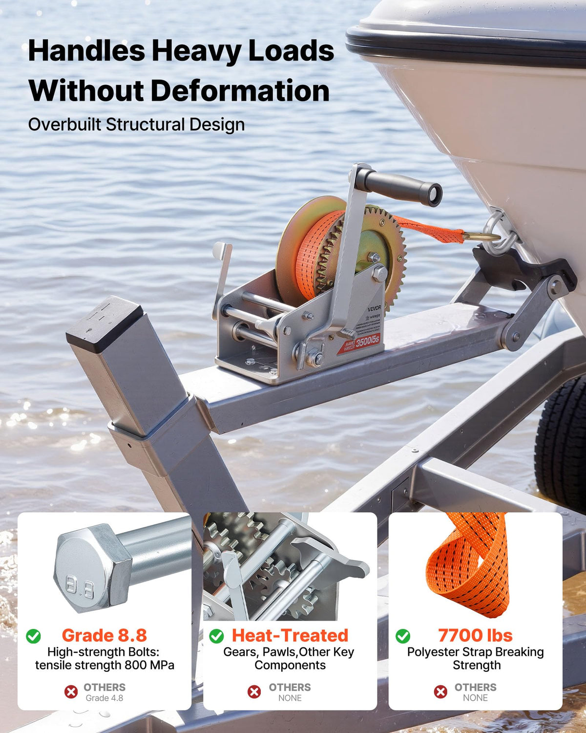 VEVOR winch gear closeup showing heat-treated gears for lasting strength