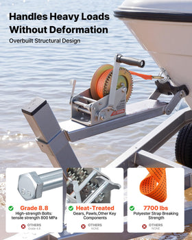 VEVOR winch gear closeup showing heat-treated gears for lasting strength