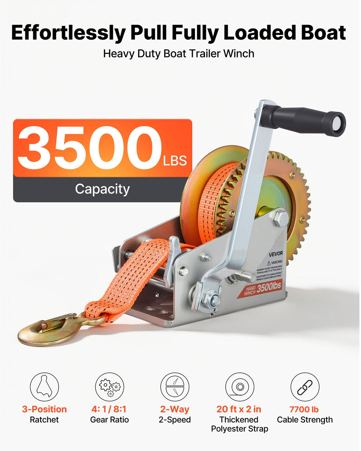 VEVOR winch side profile highlighting ratchet mechanism and precise control