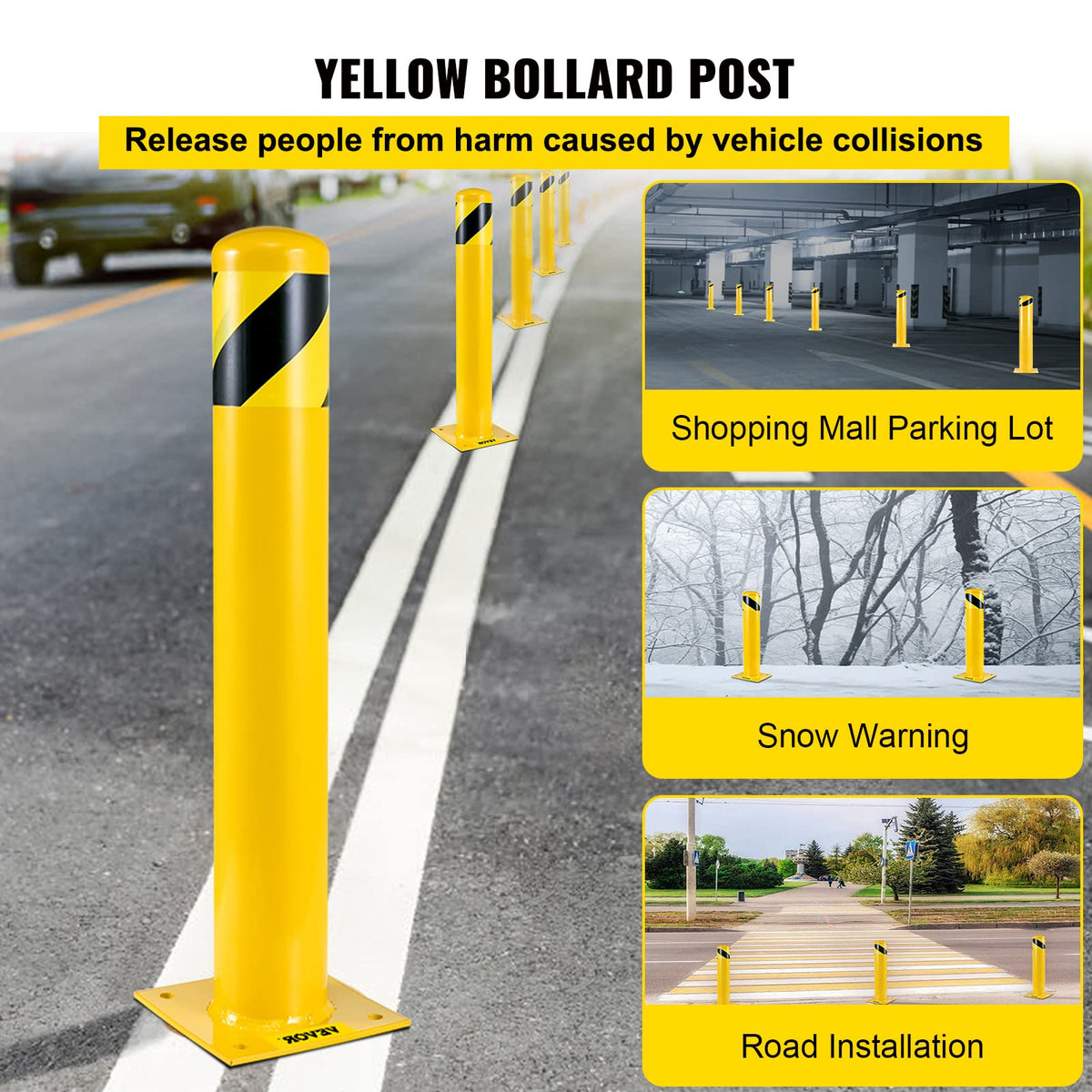 VEVOR bollard welded base plate closeup showing stable mounting and strength