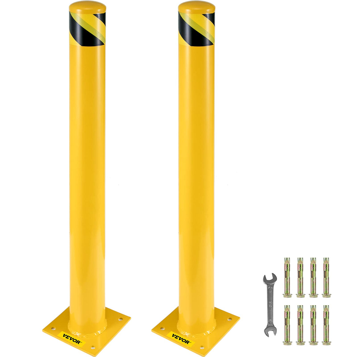 VEVOR bollard front view showing bright yellow visibility and protective barrier