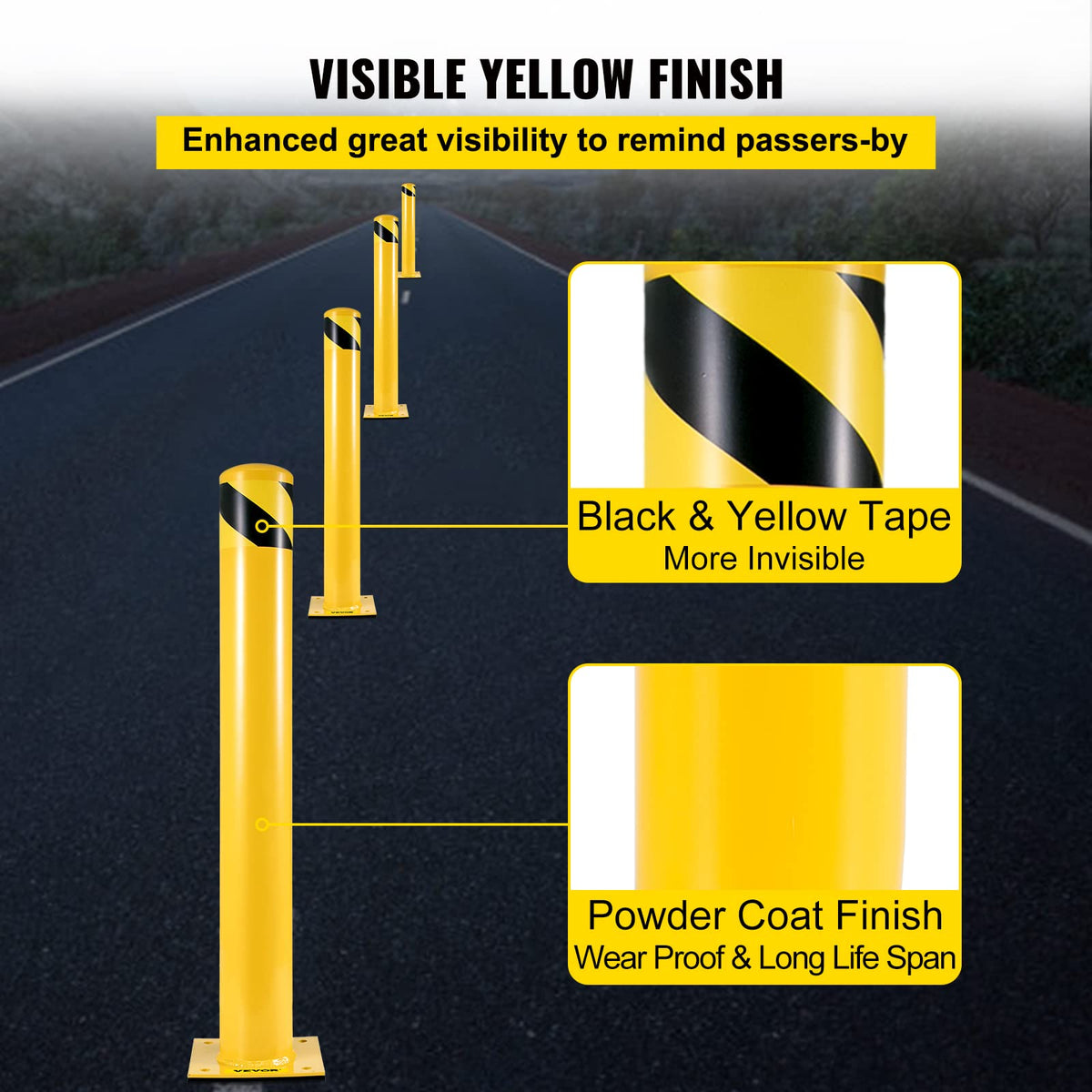 VEVOR bollard side profile highlighting 5.5-inch diameter steel pipe durability